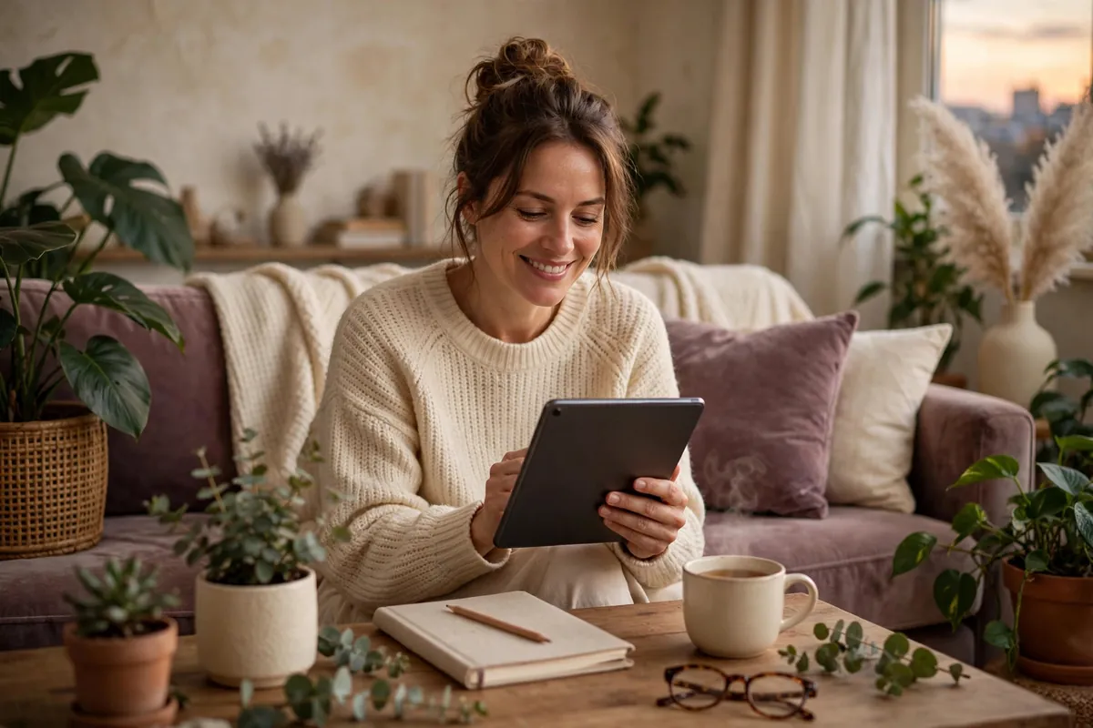 Woman calmly reviewing her variable income budget on a tablet at home