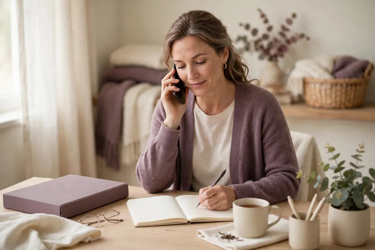 Caregiver scheduling appointments by phone with a notebook and binder