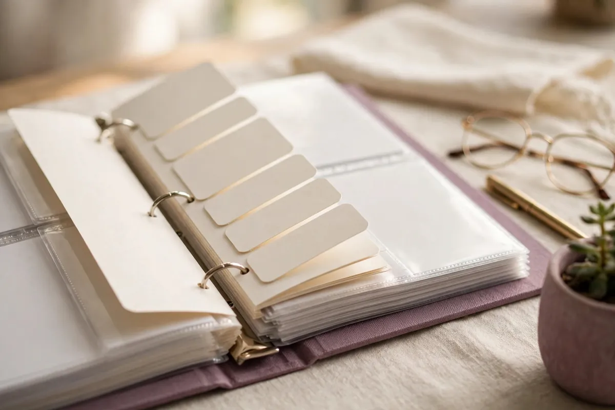 Open caregiver binder with tabbed sections for organizing paperwork