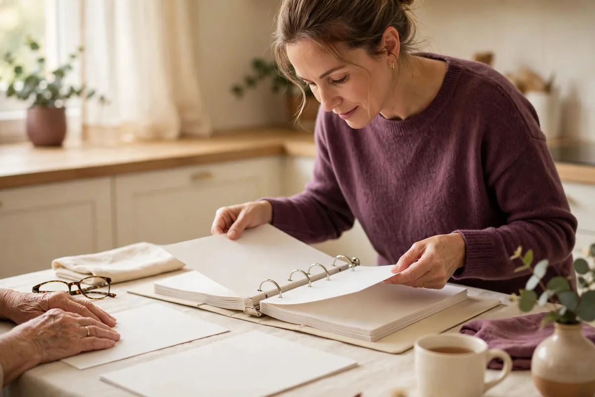 Daughter organizing caregiving paperwork into a binder for her mother