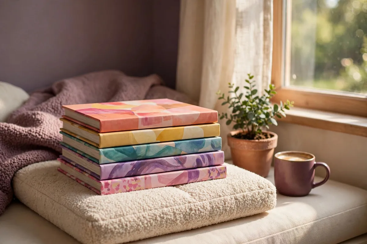 Stack of colorful children's feelings books in a reading corner