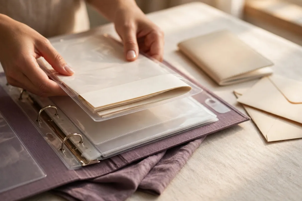 Placing important documents into protective sleeves in a family emergency binder