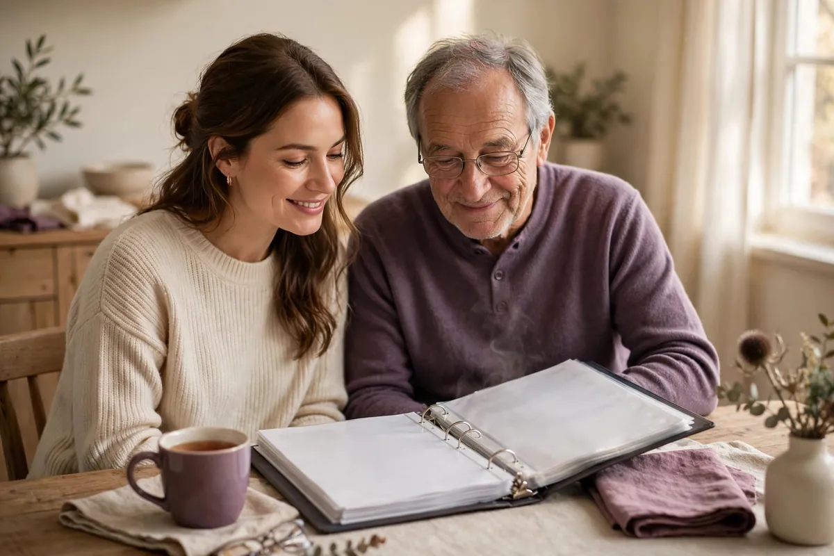 Daughter reviewing a family emergency binder with her father