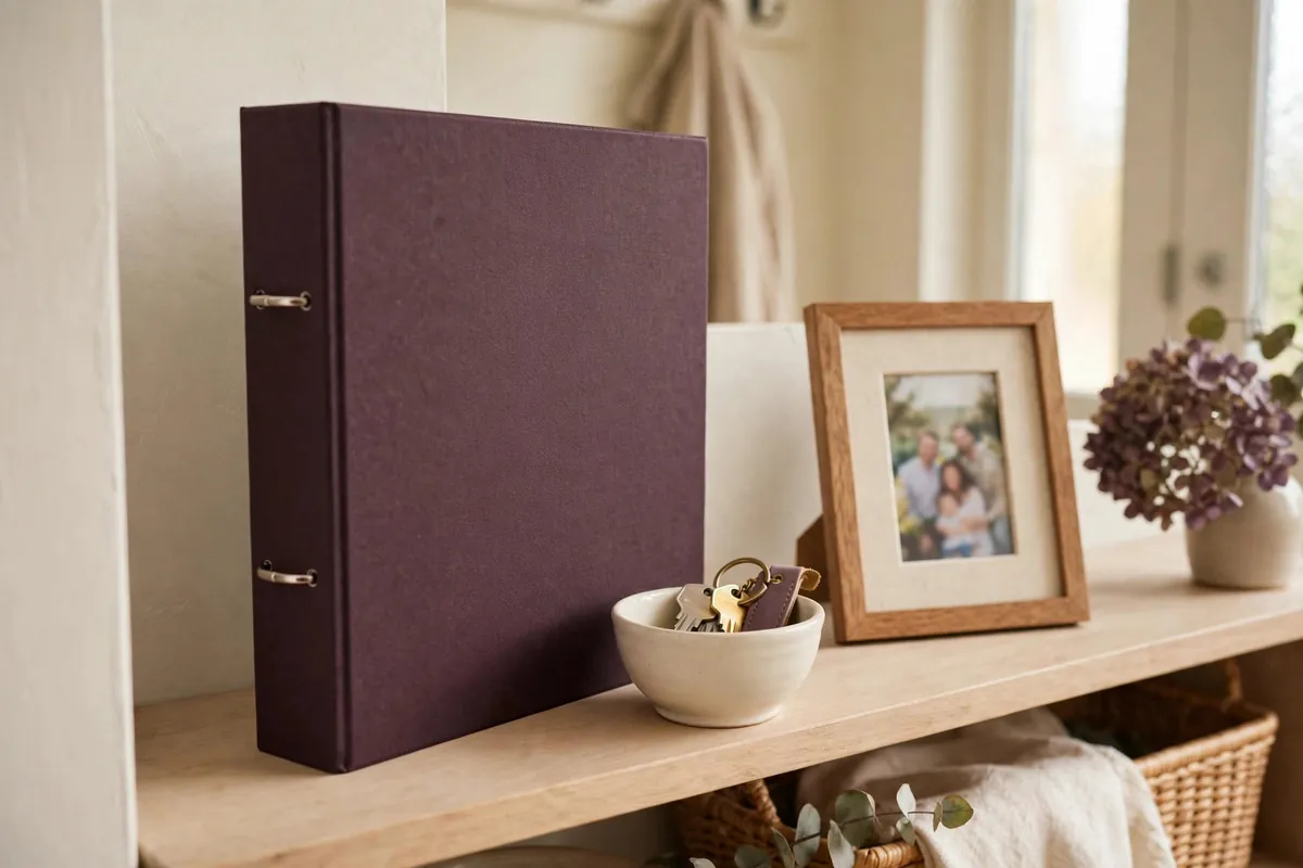 Family emergency binder on an entryway shelf next to house keys