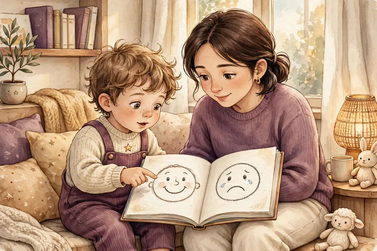 Child looking at a picture book page with happy and sad faces