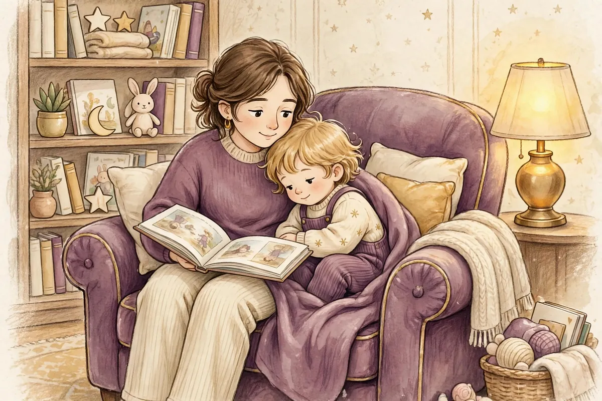 Parent reading a feelings book to a child in a cozy armchair