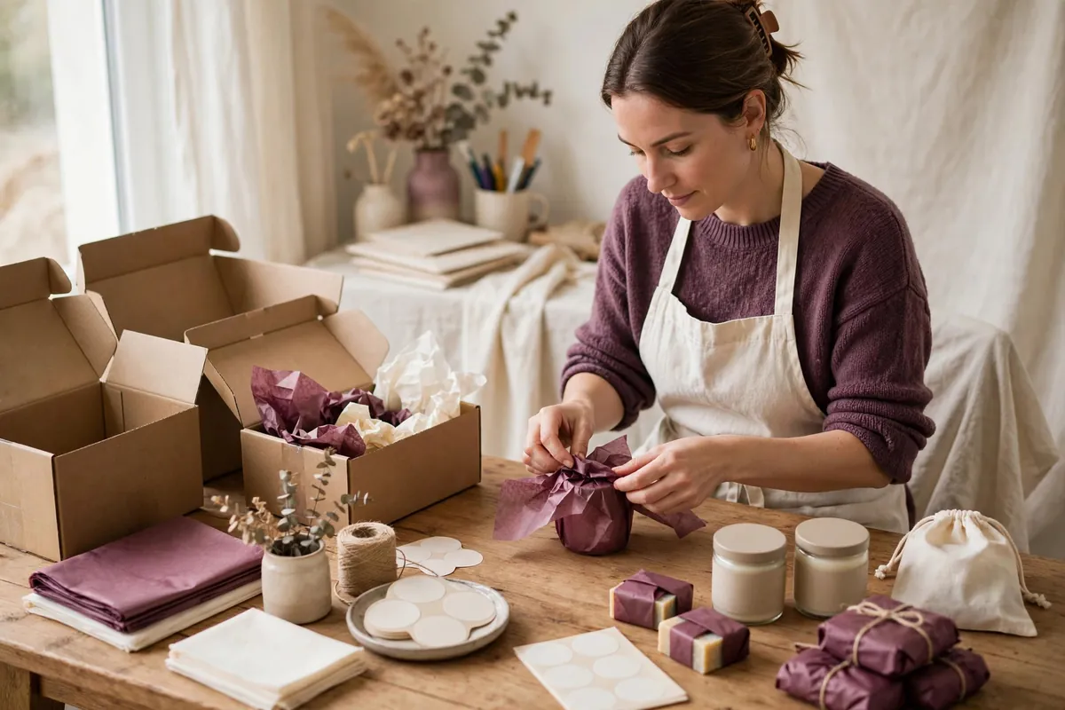 Packing handmade product orders at a small business packaging station