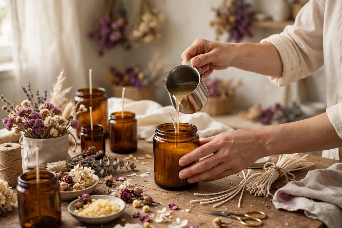 Seller making handmade candles while working out product pricing
